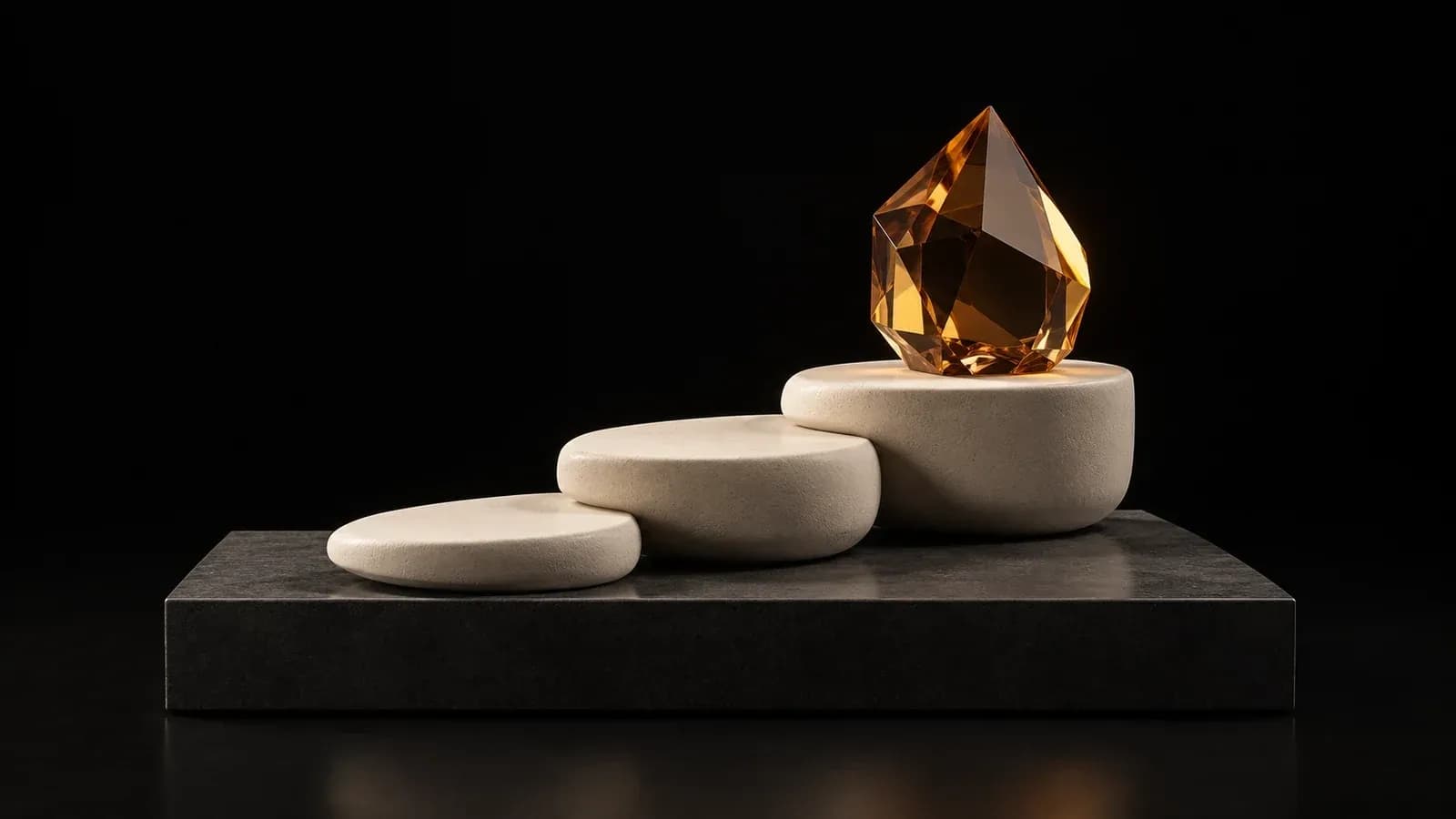 Three ivory steps leading to an amber crystal.