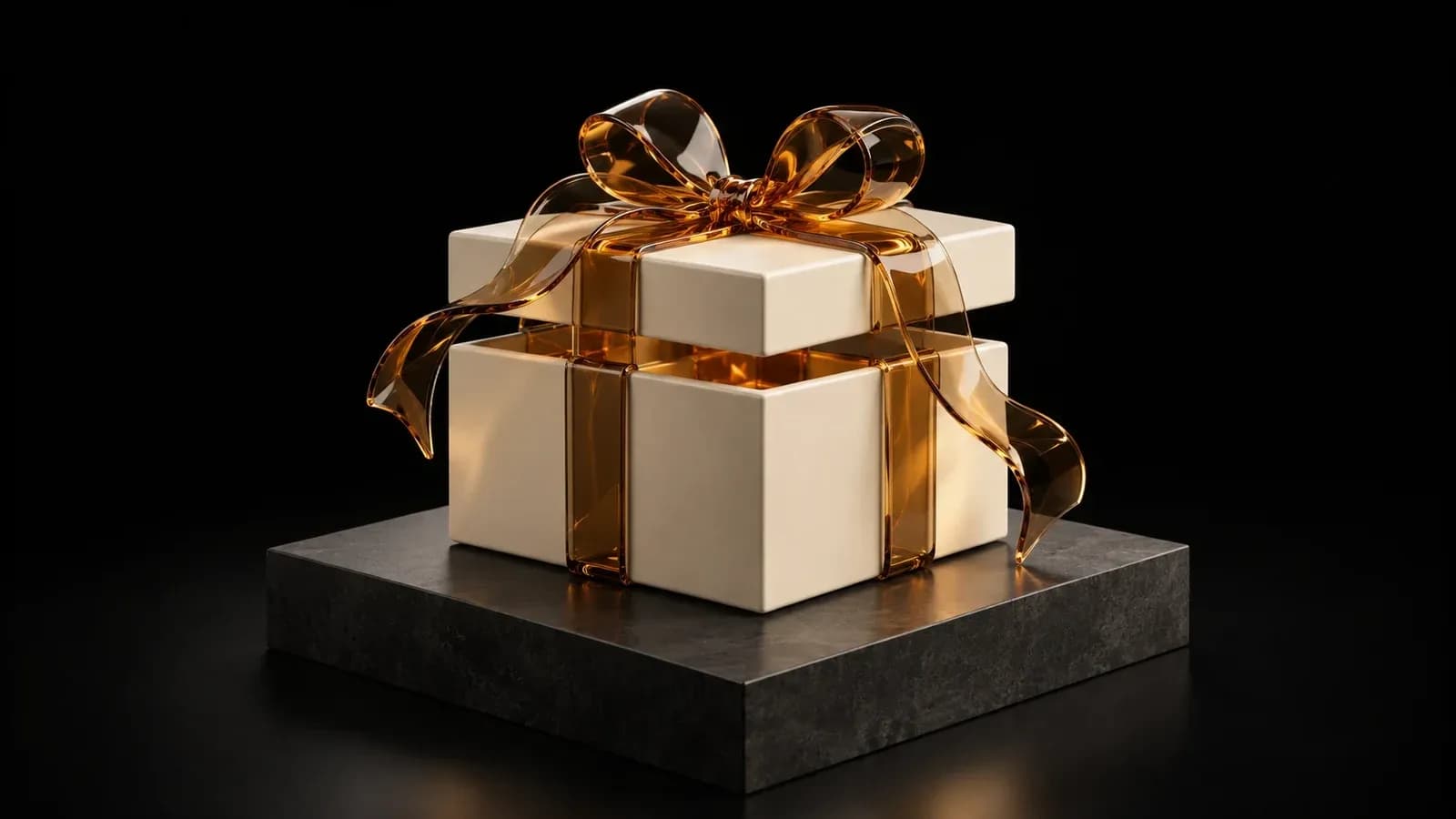 A slightly open ivory gift box with amber ribbon.