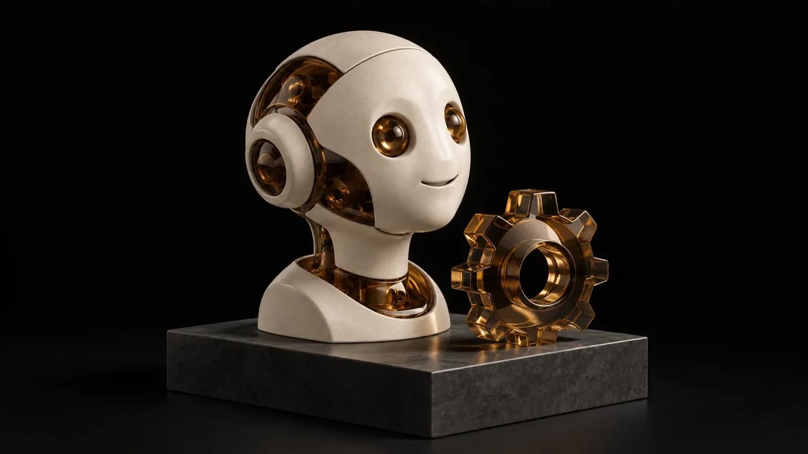 An ivory robot head with amber details beside a glass cog.