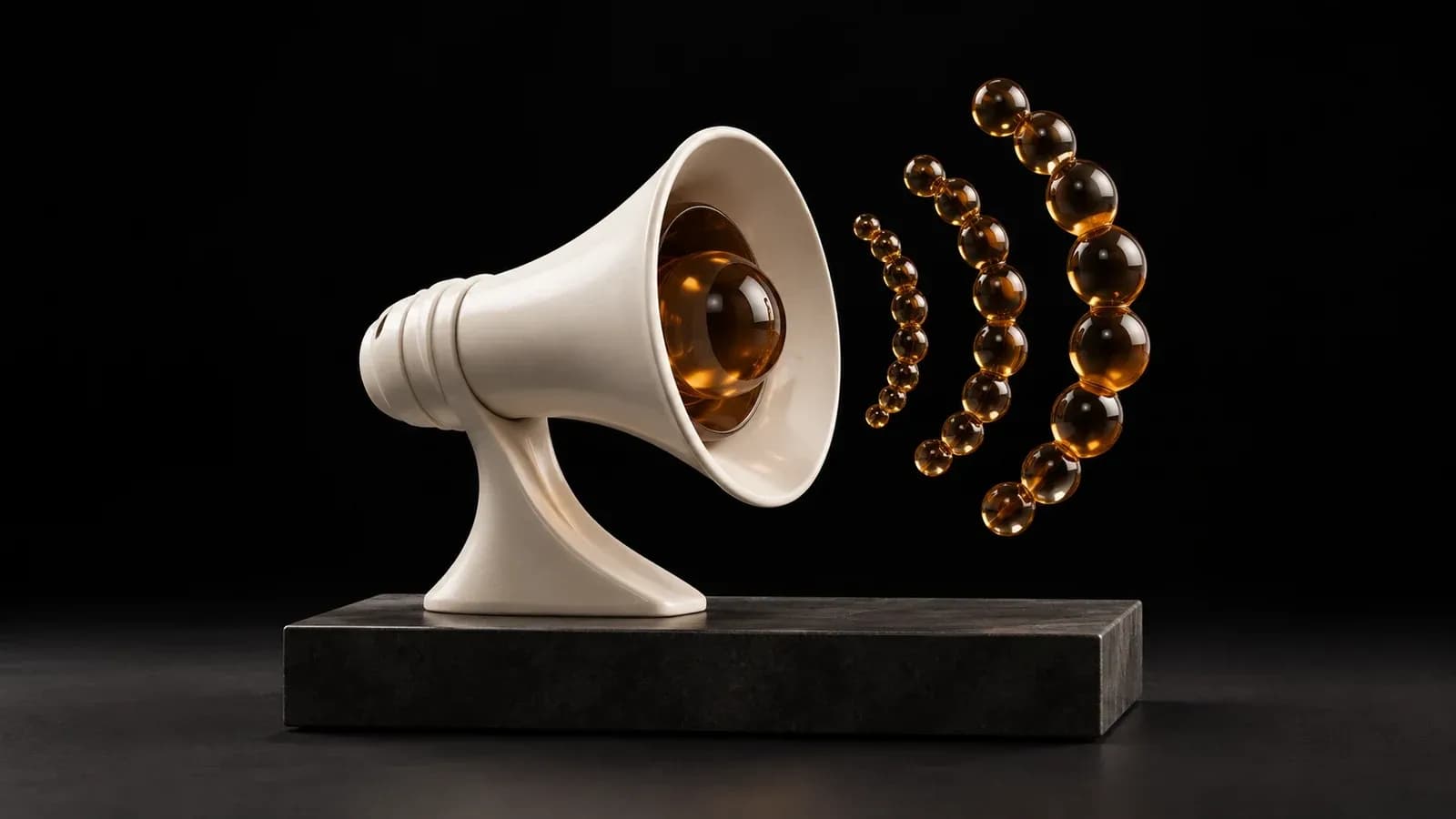 An ivory megaphone and three arcs of amber beads.