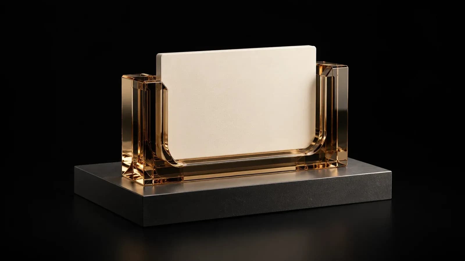 A blank ivory nameplate in a transparent amber stand.