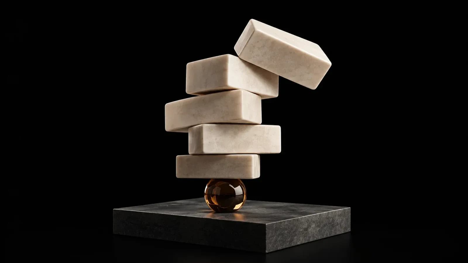 An unsteady tower of ivory blocks balanced on an amber orb.