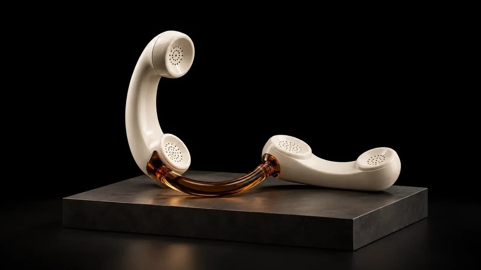 Two ivory telephone receivers connected by a curved amber piece.