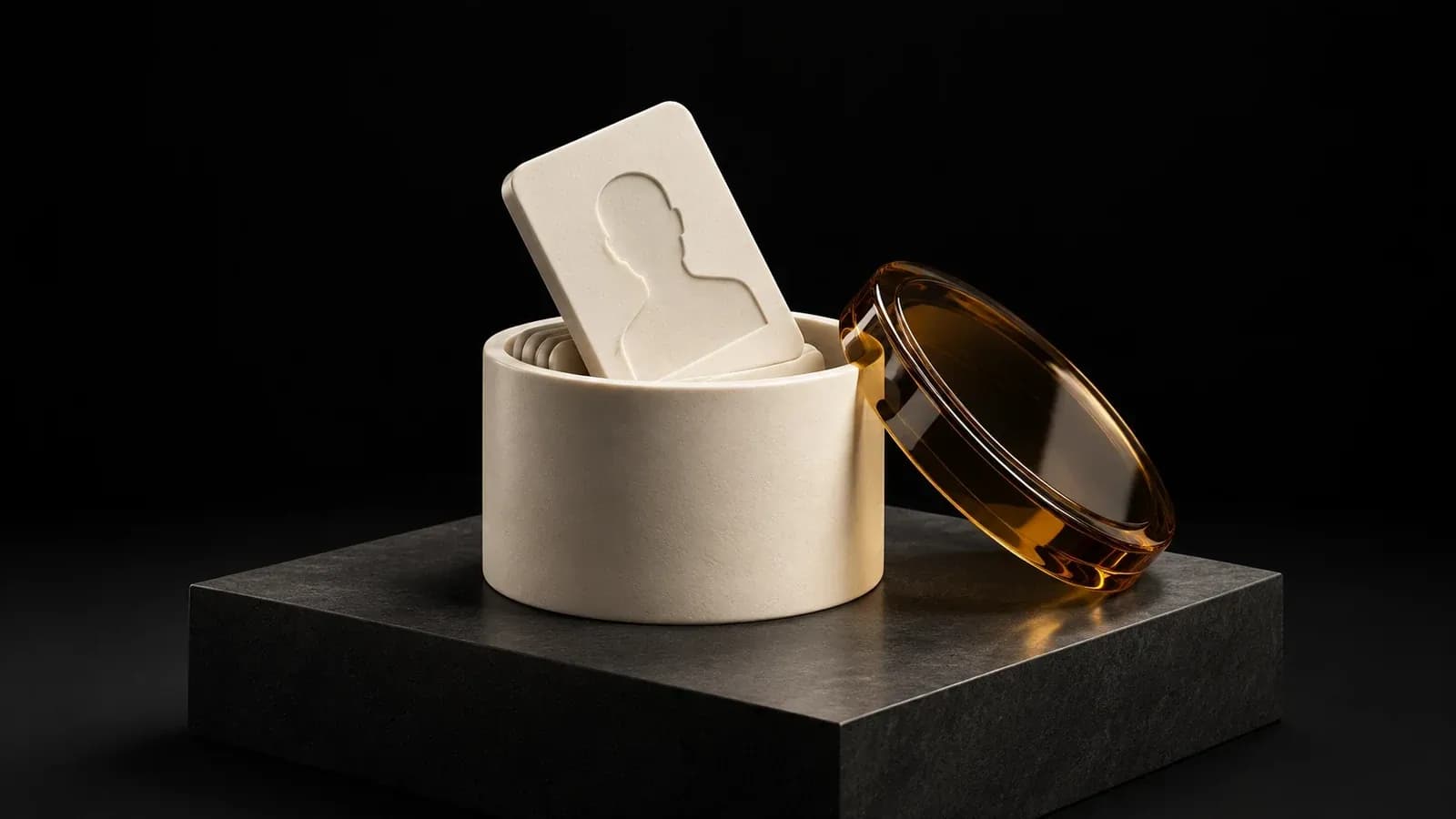 A silhouette card in an open ivory cylinder beside an amber lid.