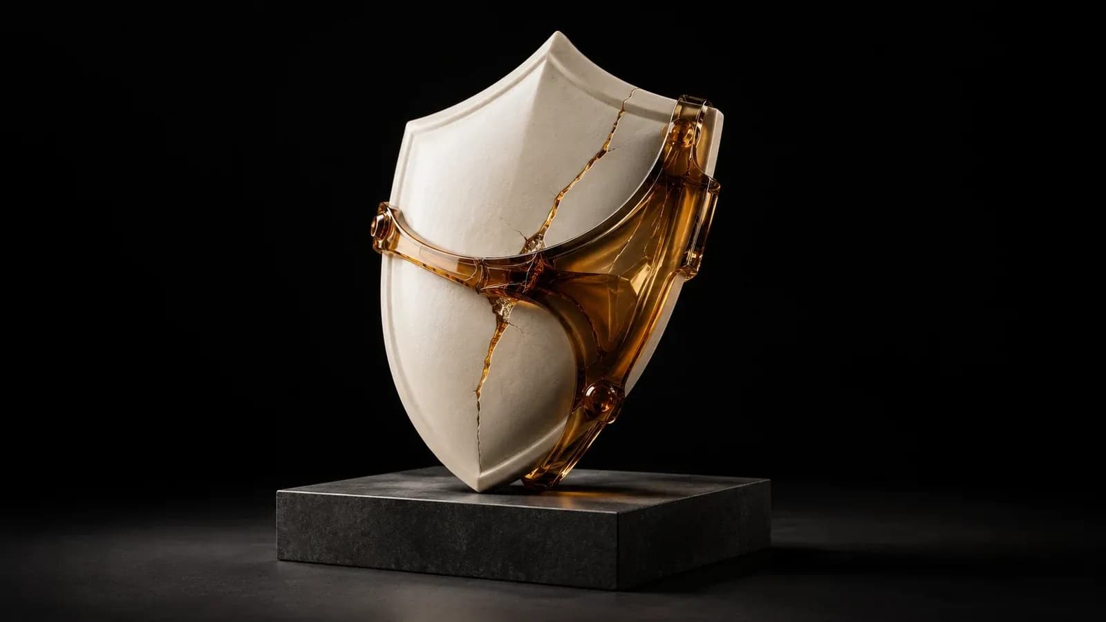 A cracked ivory shield reinforced with amber glass.