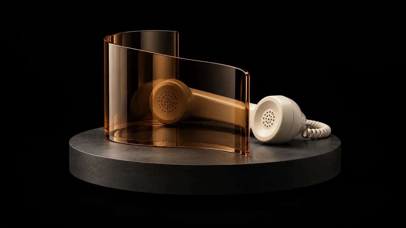 An ivory telephone receiver behind a curved amber screen.