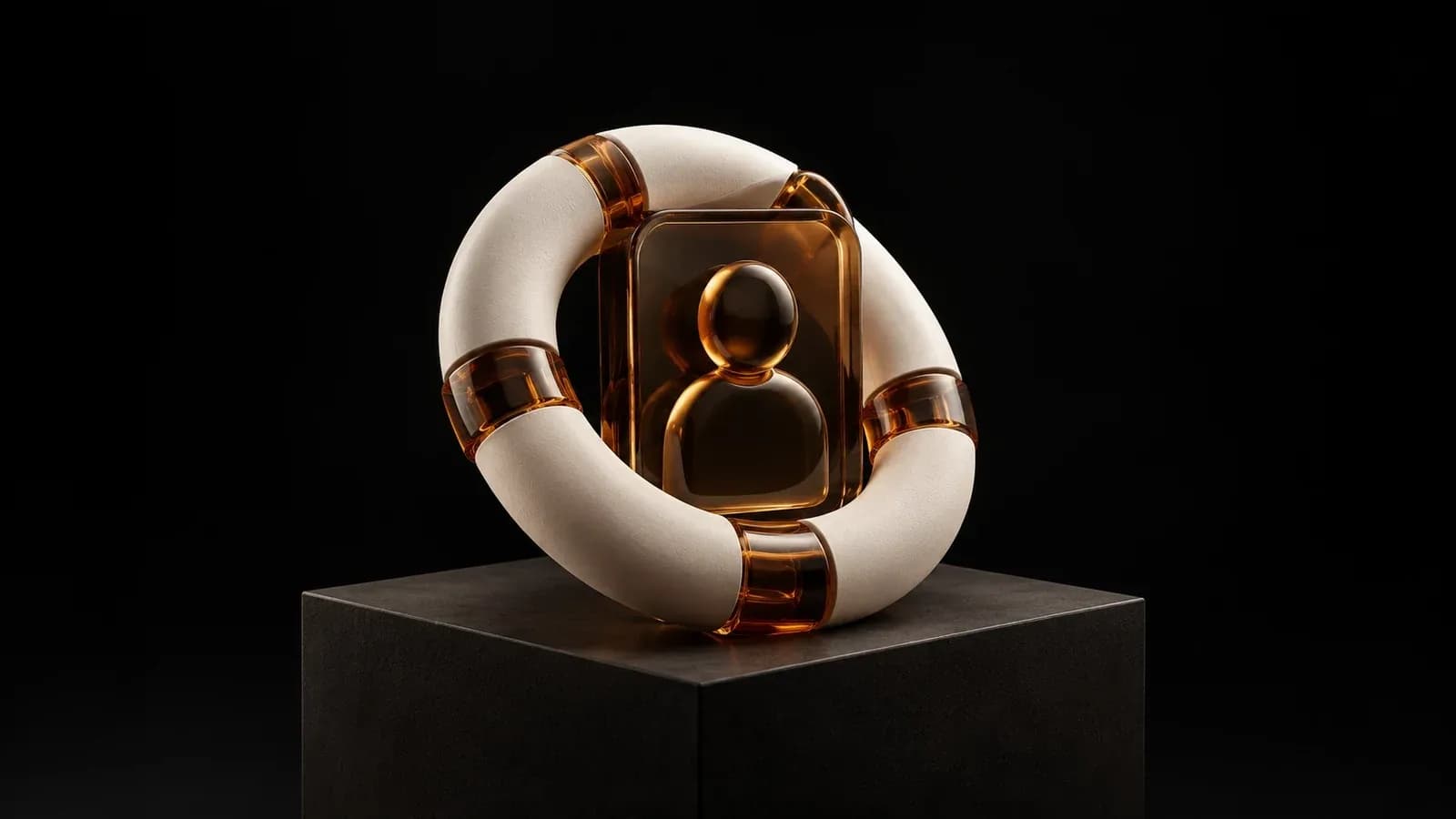 An ivory life ring around an amber card with a person silhouette.