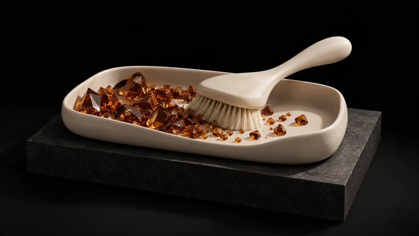 An ivory brush in a tray of scattered amber fragments.