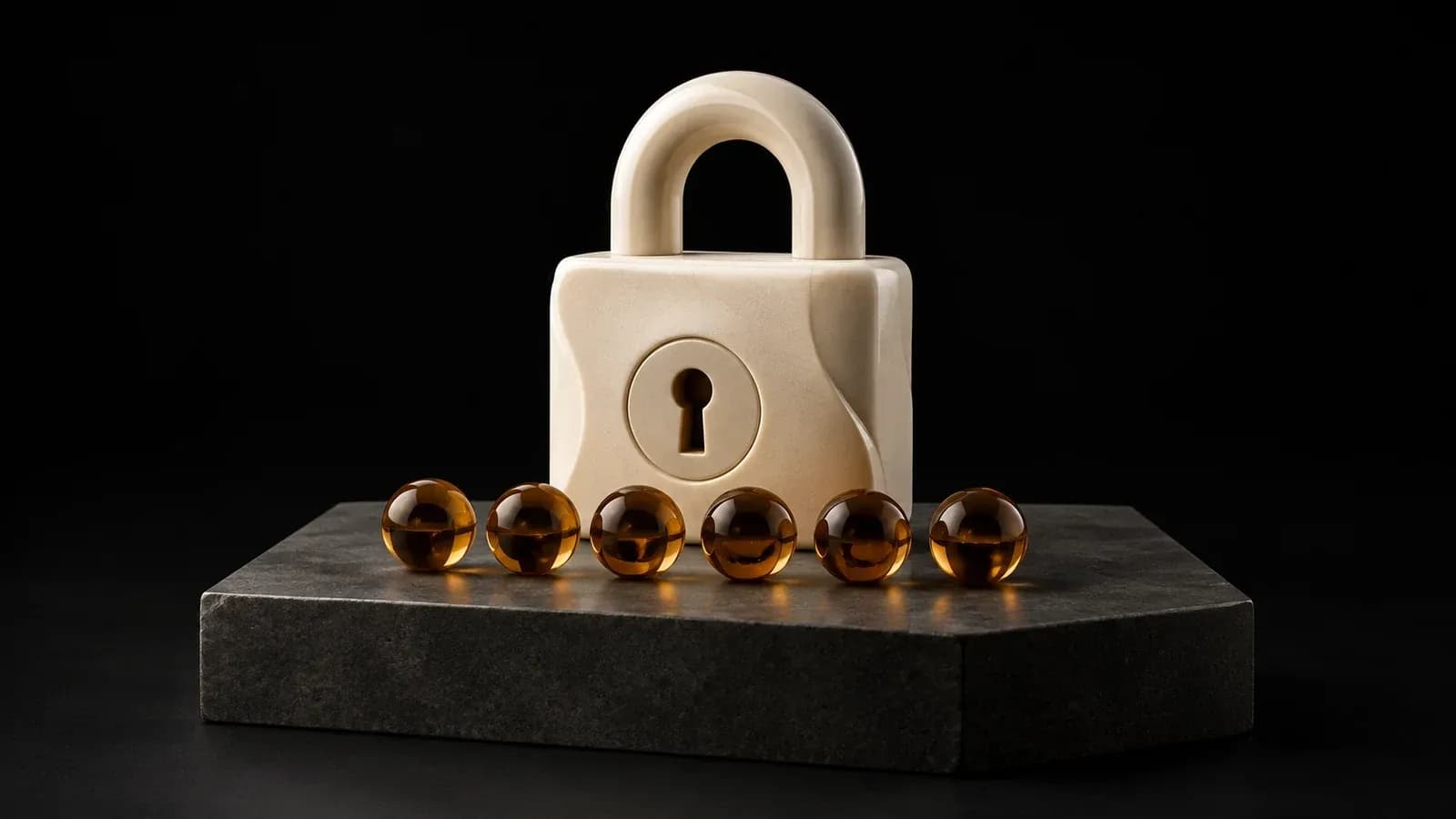An ivory padlock and a row of six amber beads.