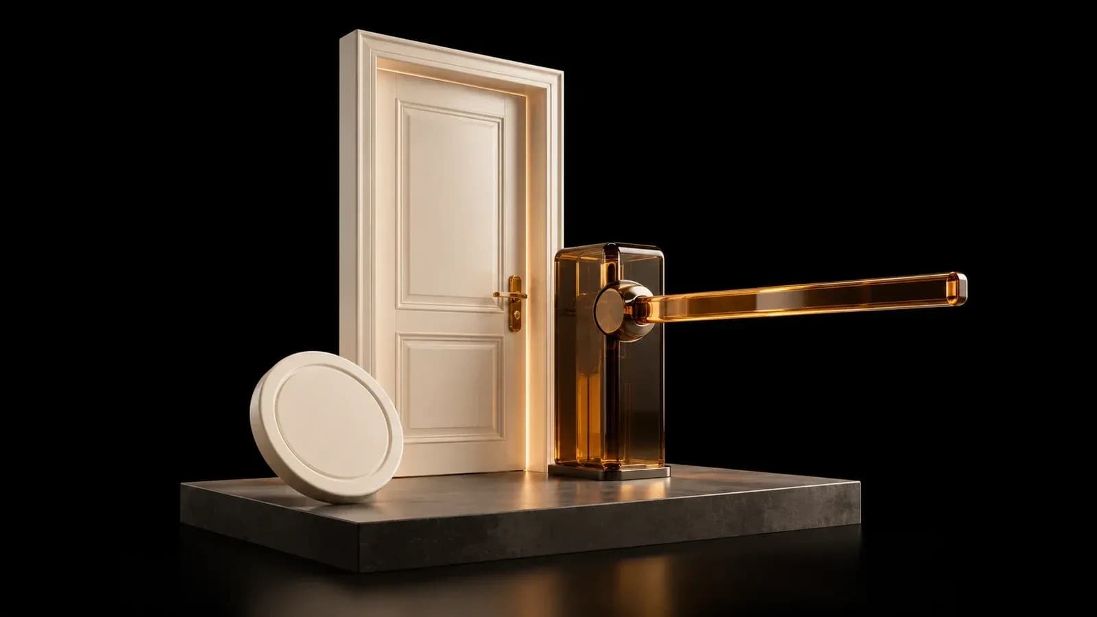 An ivory door beside an amber barrier and blank circular token.