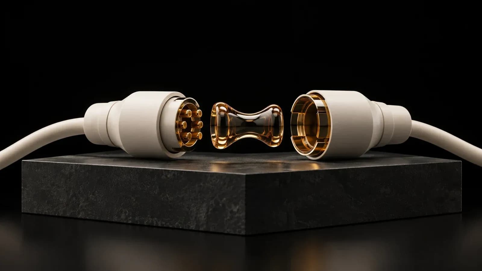 Two separated ivory cable connectors with an amber bridge between them.