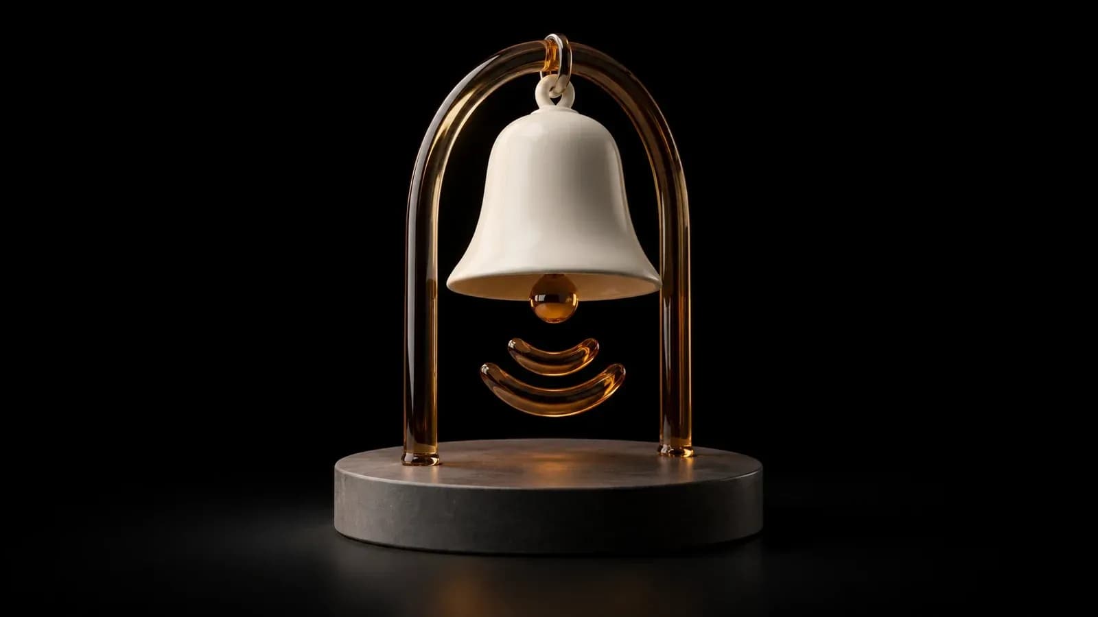 An ivory bell on an amber support with three glass arcs beneath it.