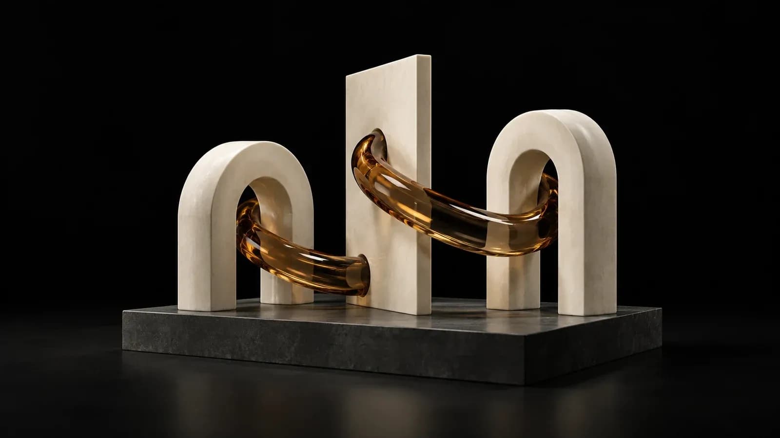 Two ivory arches and a central divider with a curved amber tube.