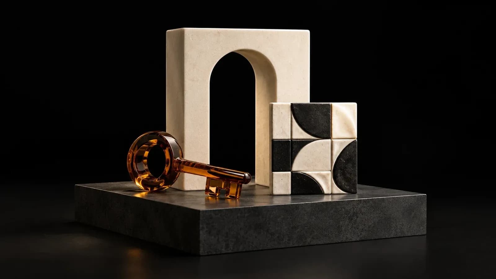 An ivory arch, decorative black-and-white mosaic and amber key.