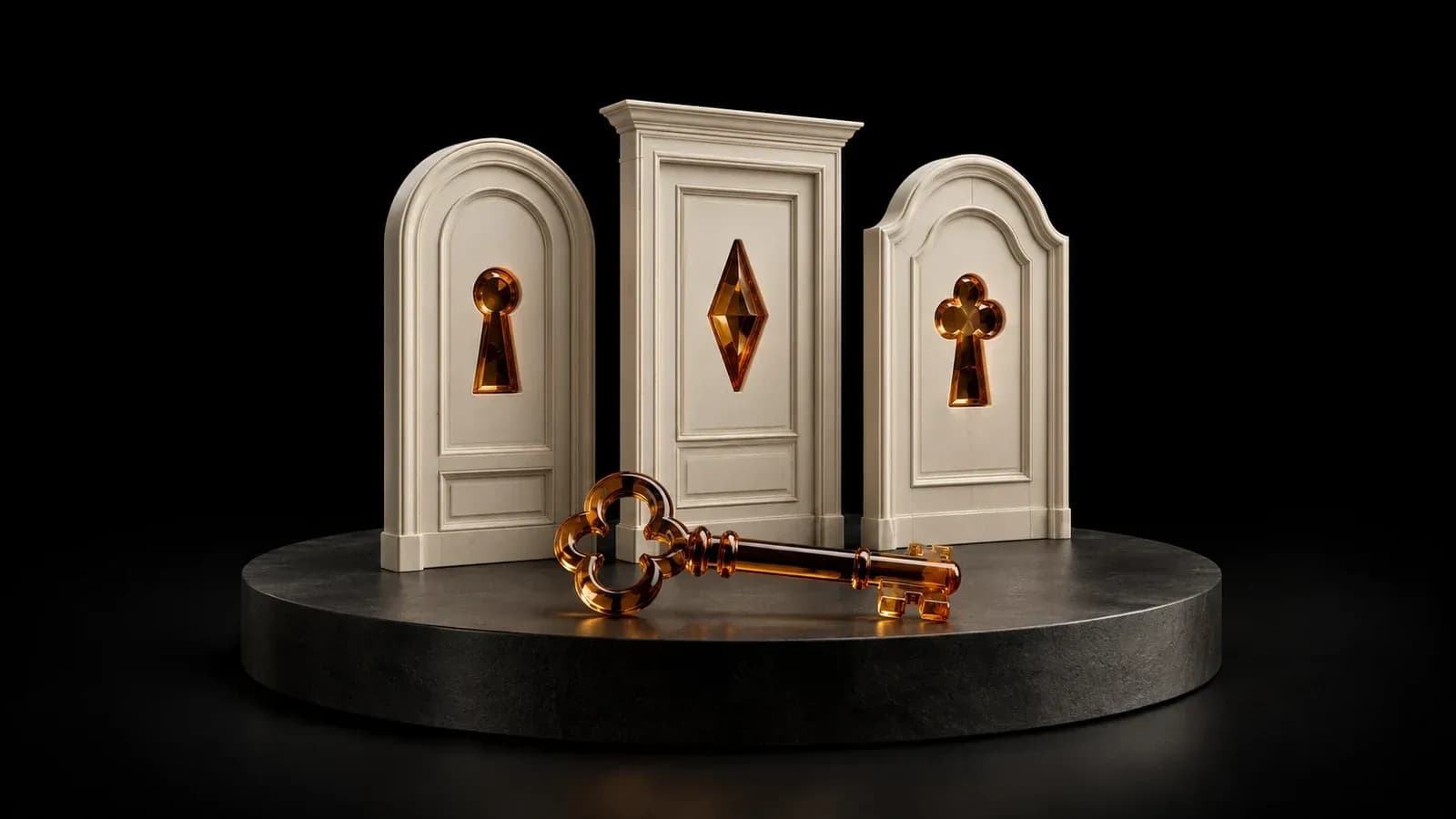 Three ivory doors with different keyholes and an amber key.