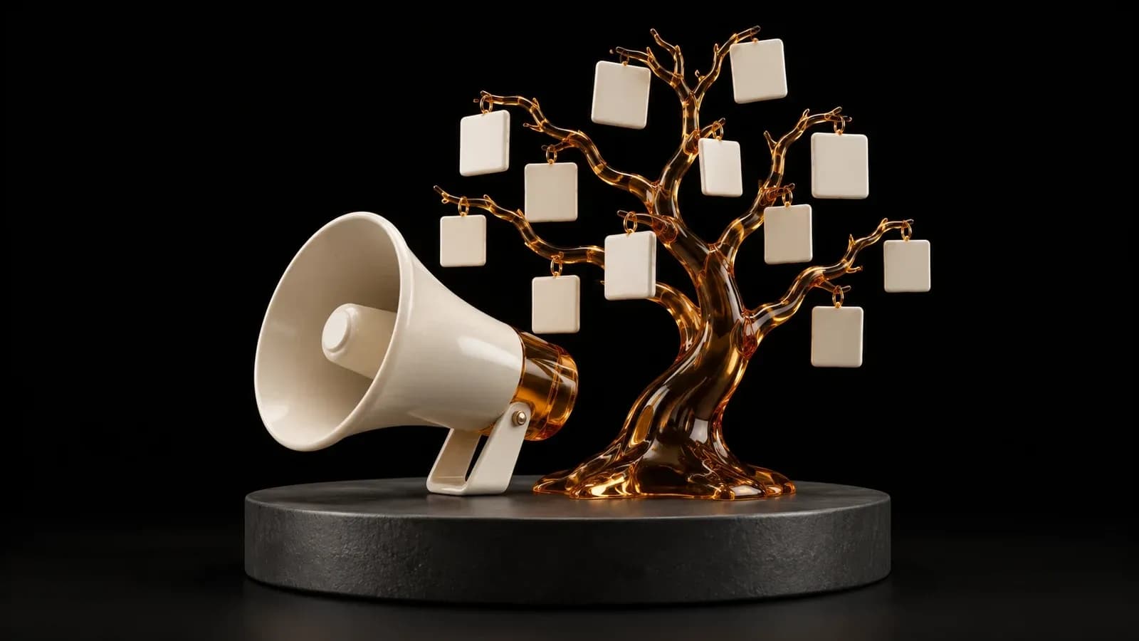 An ivory megaphone beside an amber tree bearing blank tags.
