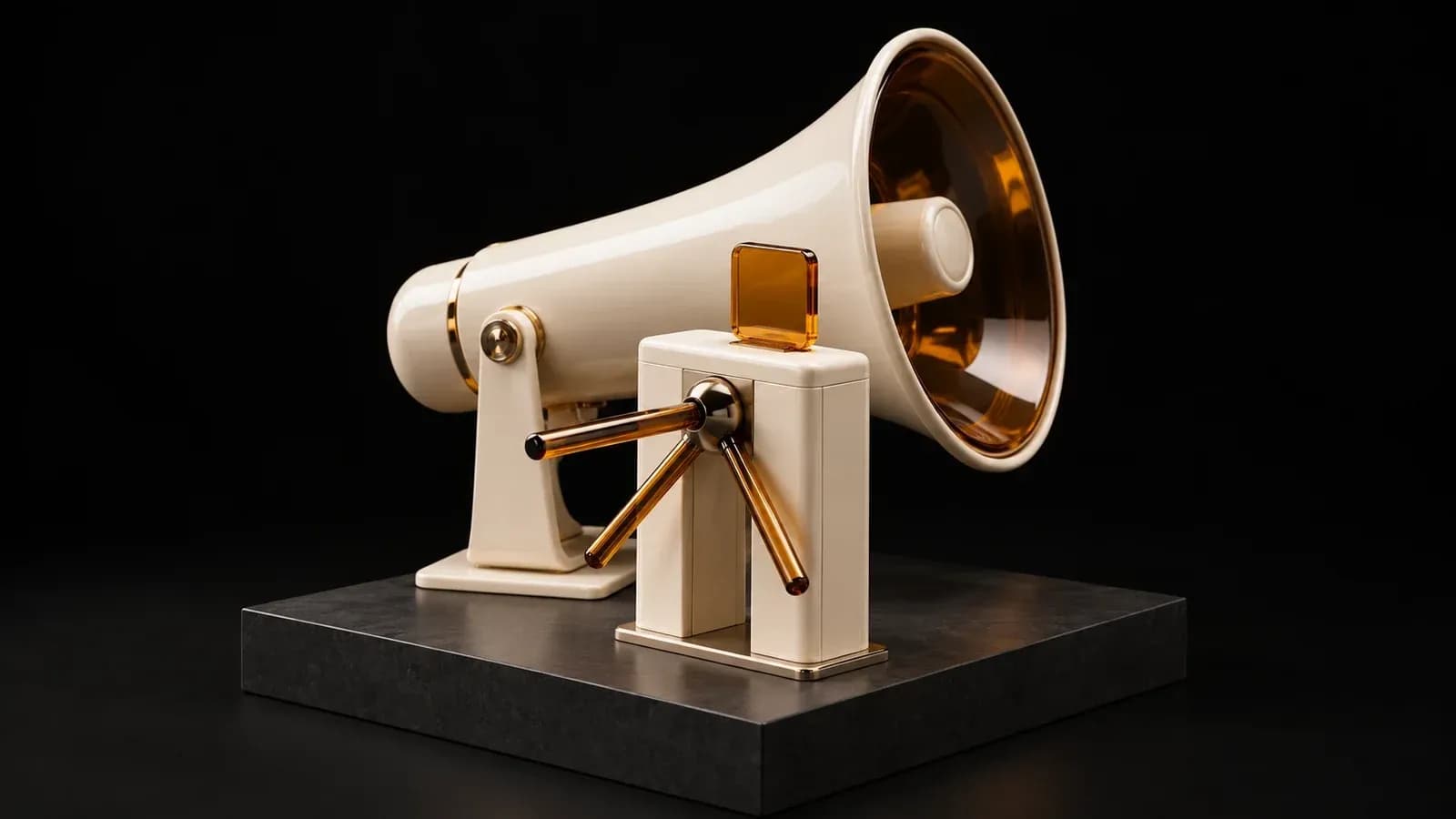 An ivory megaphone behind a small turnstile with an amber tile.