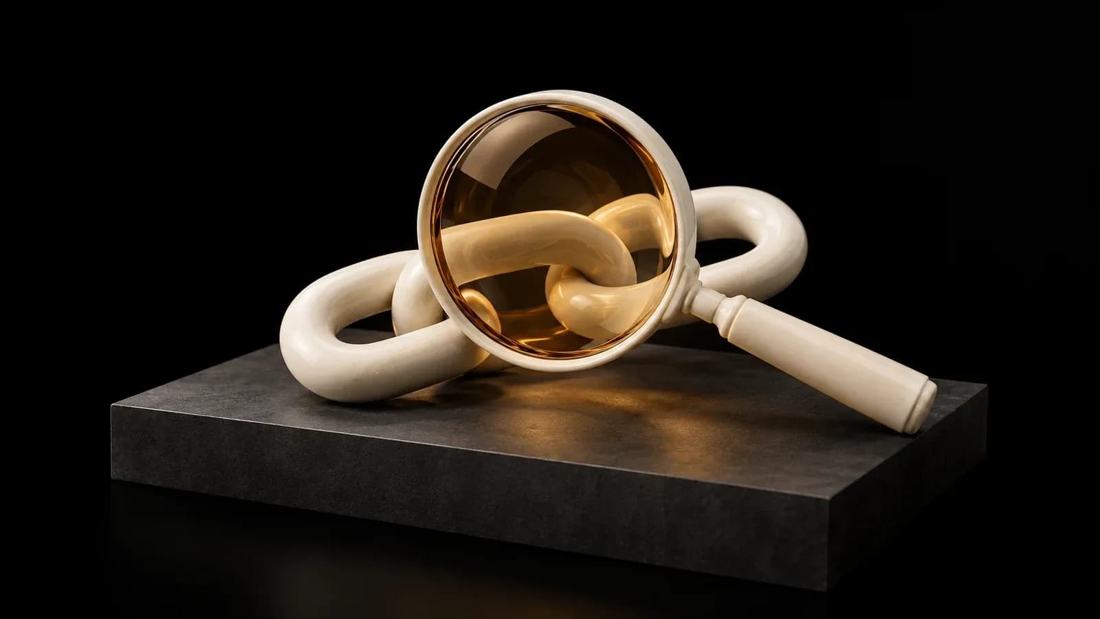 An amber-lensed magnifying glass over ivory chain links.