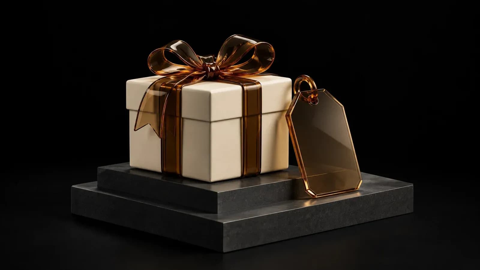 An ivory gift box with amber ribbon and a blank tag on a stepped pedestal.