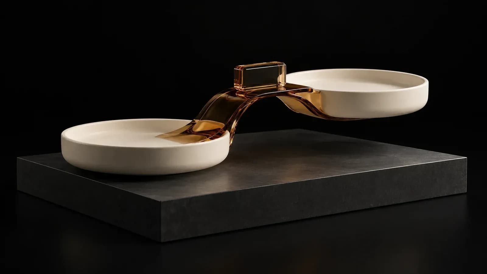 Two ivory bowls connected by an amber bridge carrying a small glass block.