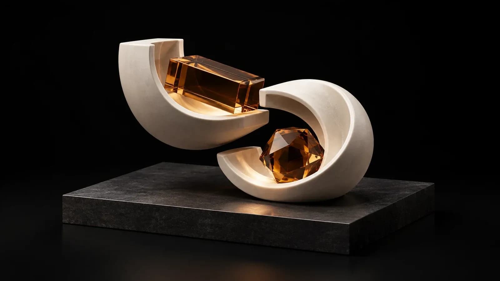 Two curved ceramic channels holding an amber block and faceted gem.