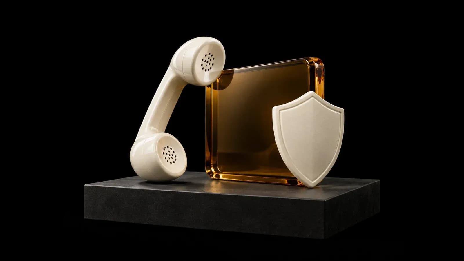 An ivory telephone receiver beside an amber plate and ceramic shield.