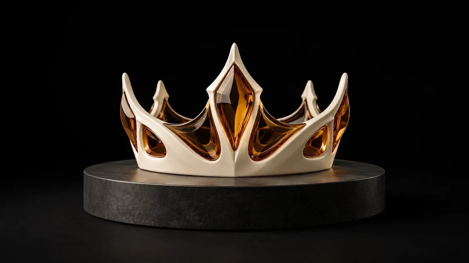 An ivory sculptural crown with amber insets.