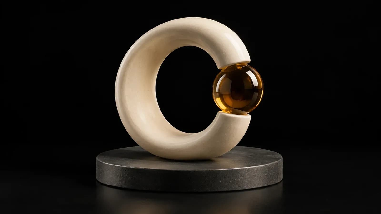 An open ceramic ring with an amber orb in its gap.