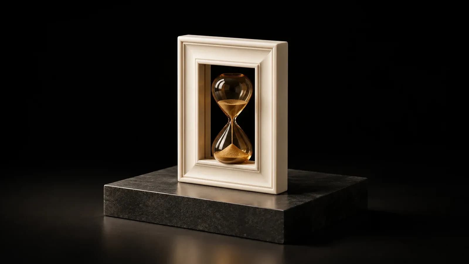 An amber hourglass inside an ivory frame.