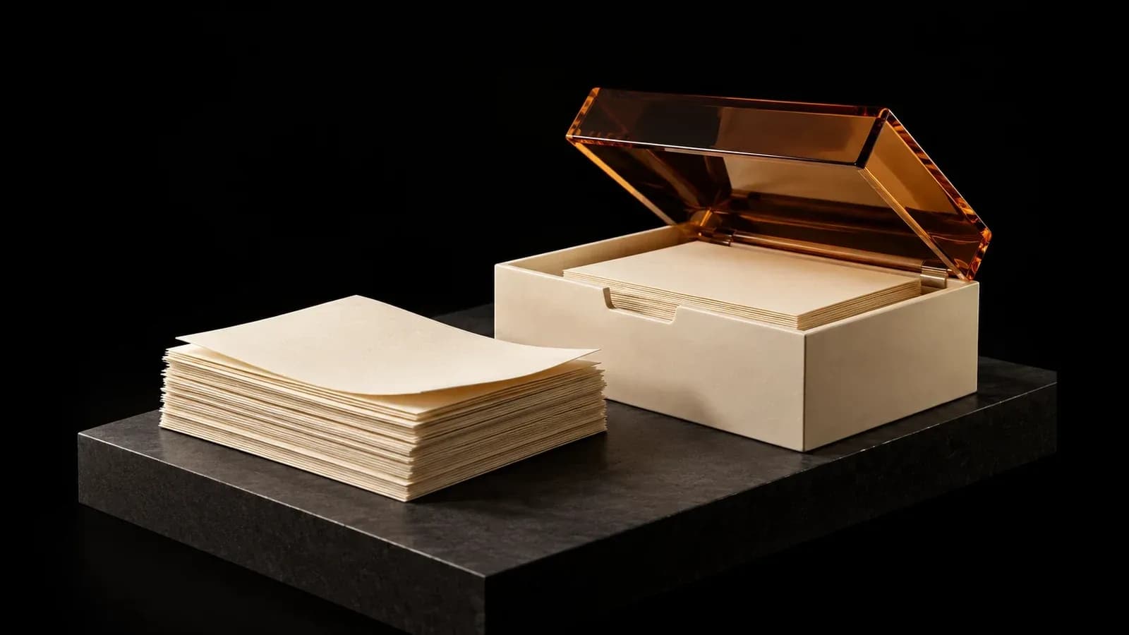 A stack of ivory sheets beside an archive box with an amber lid.