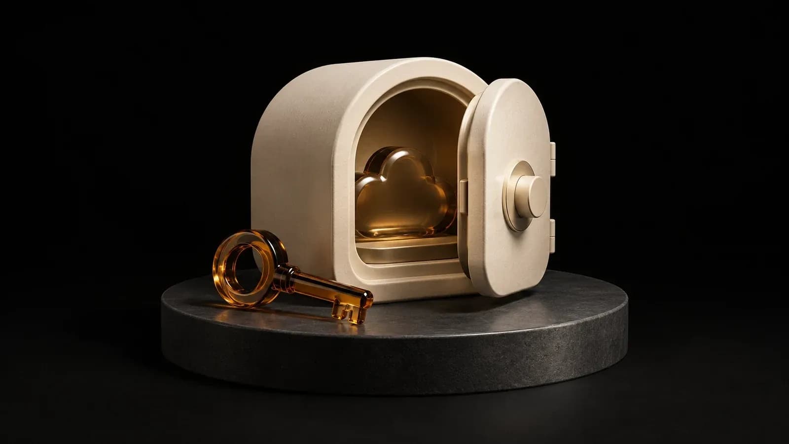 An open ceramic vault with an amber cloud and glass spare key.