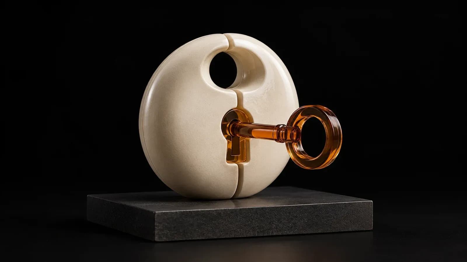 Two ceramic lock halves fitted with an amber key.