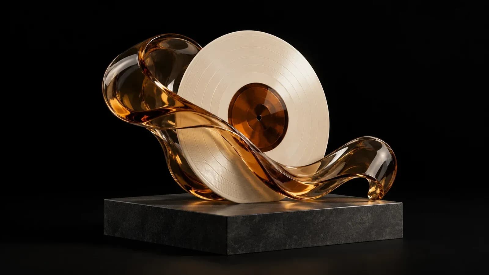 An ivory record with an amber center and flowing glass ribbon.