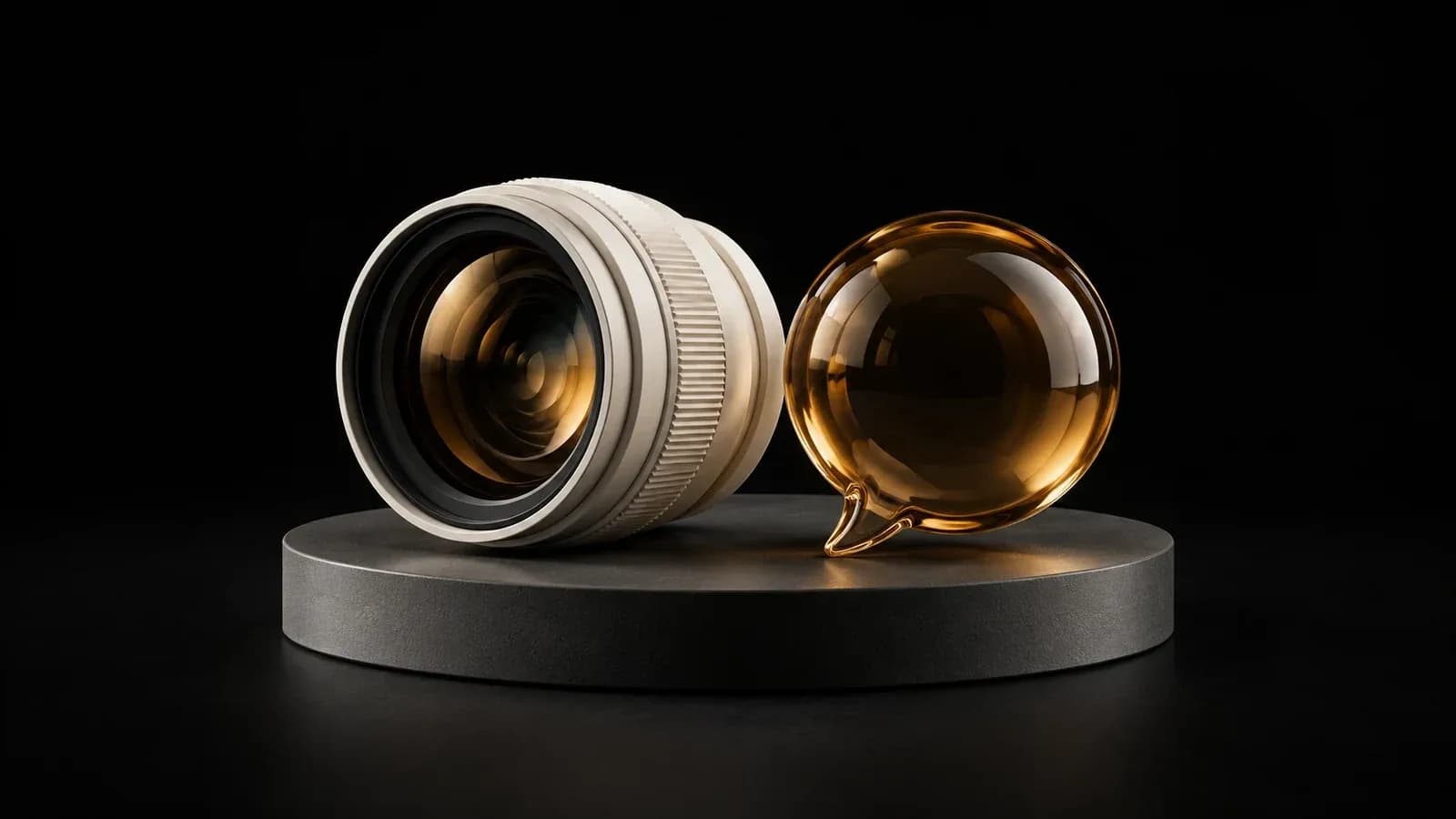 An ivory circular lens beside an amber spherical speech bubble.