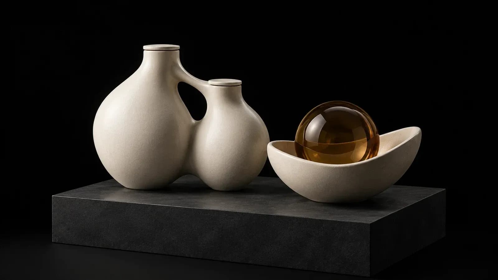 Two linked sealed vessels beside an open bowl with an amber orb.