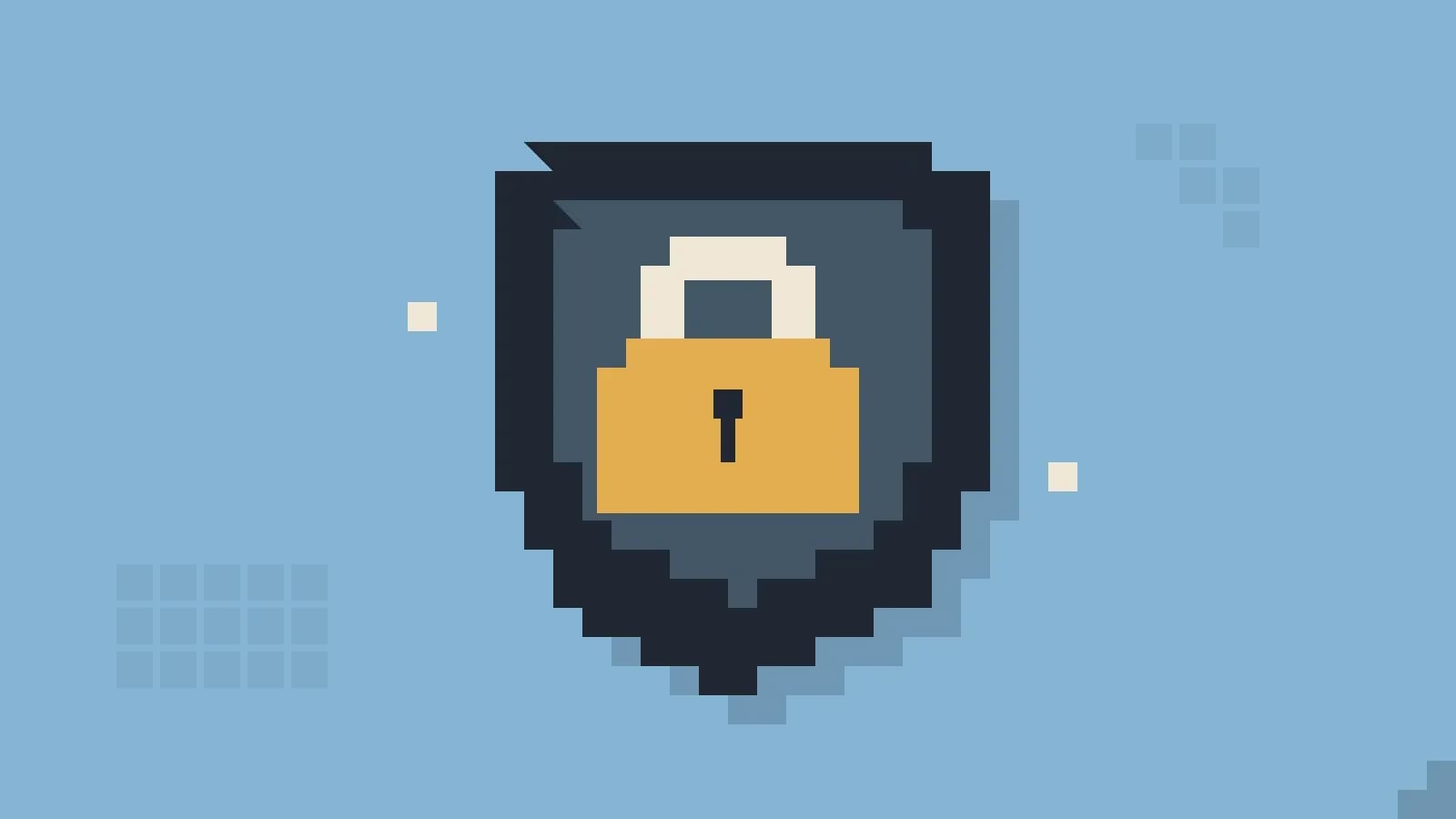 A pixel shield with a lock on a blue background