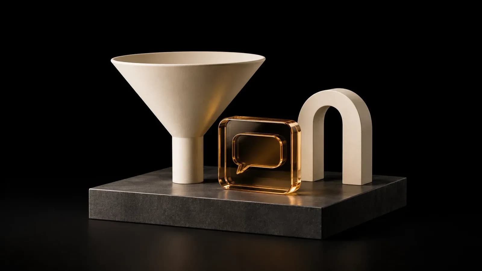 A ceramic funnel, amber message tile and small arch.