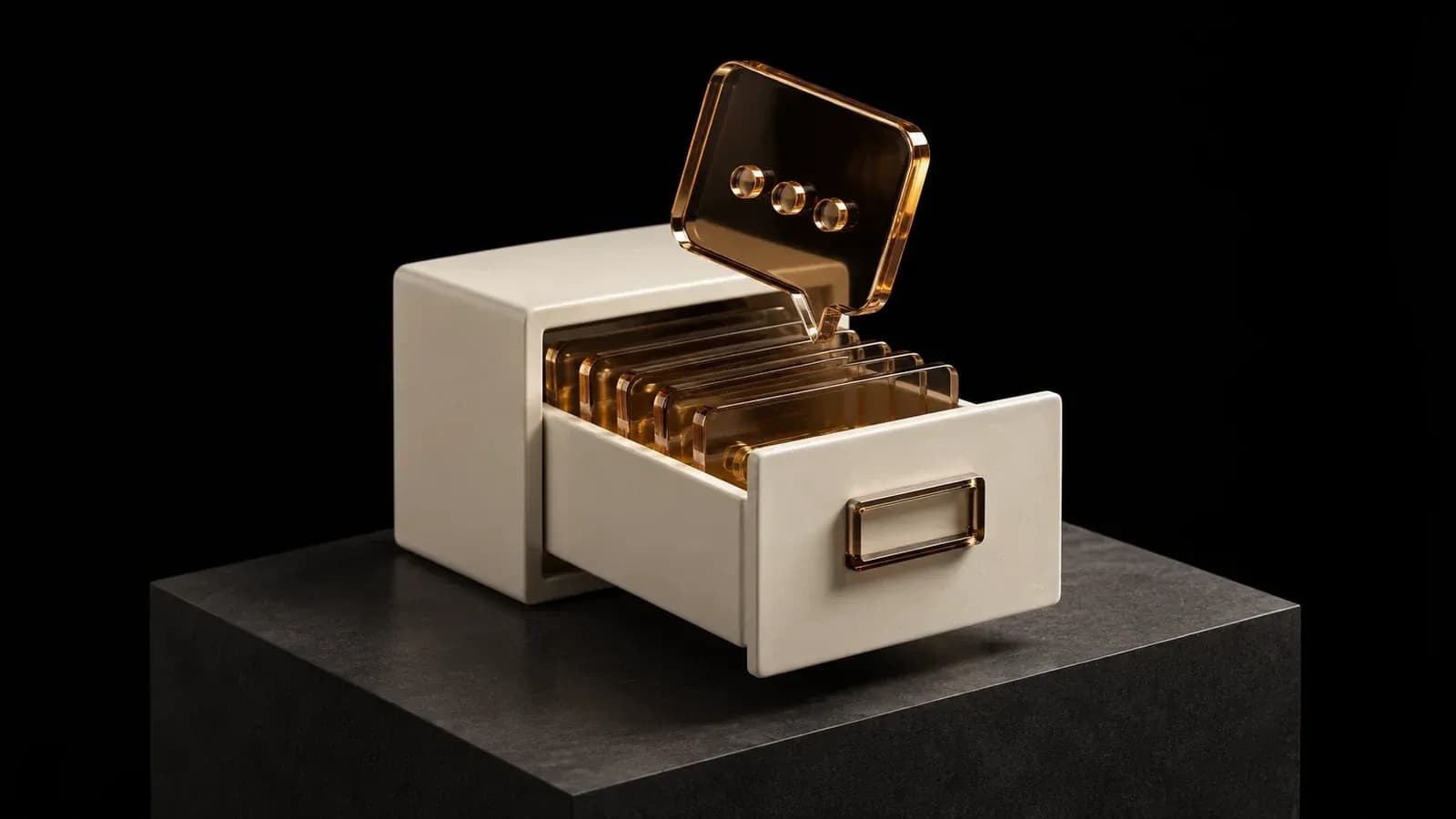 An open ceramic drawer with a raised amber message tile.