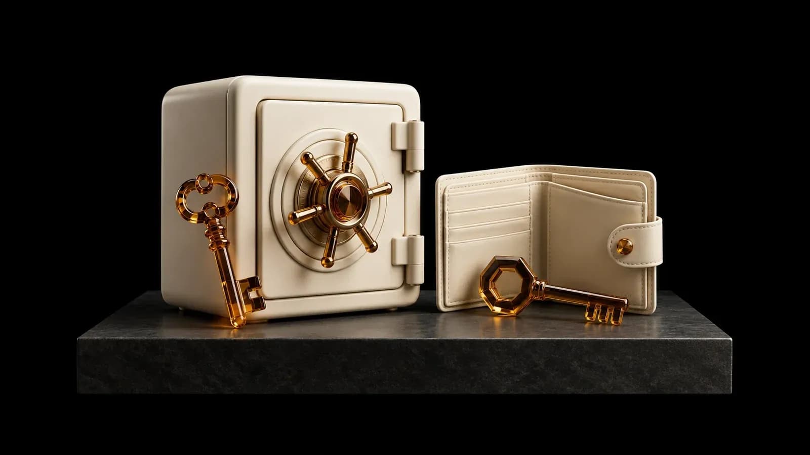 A ceramic vault and open wallet with two amber keys.