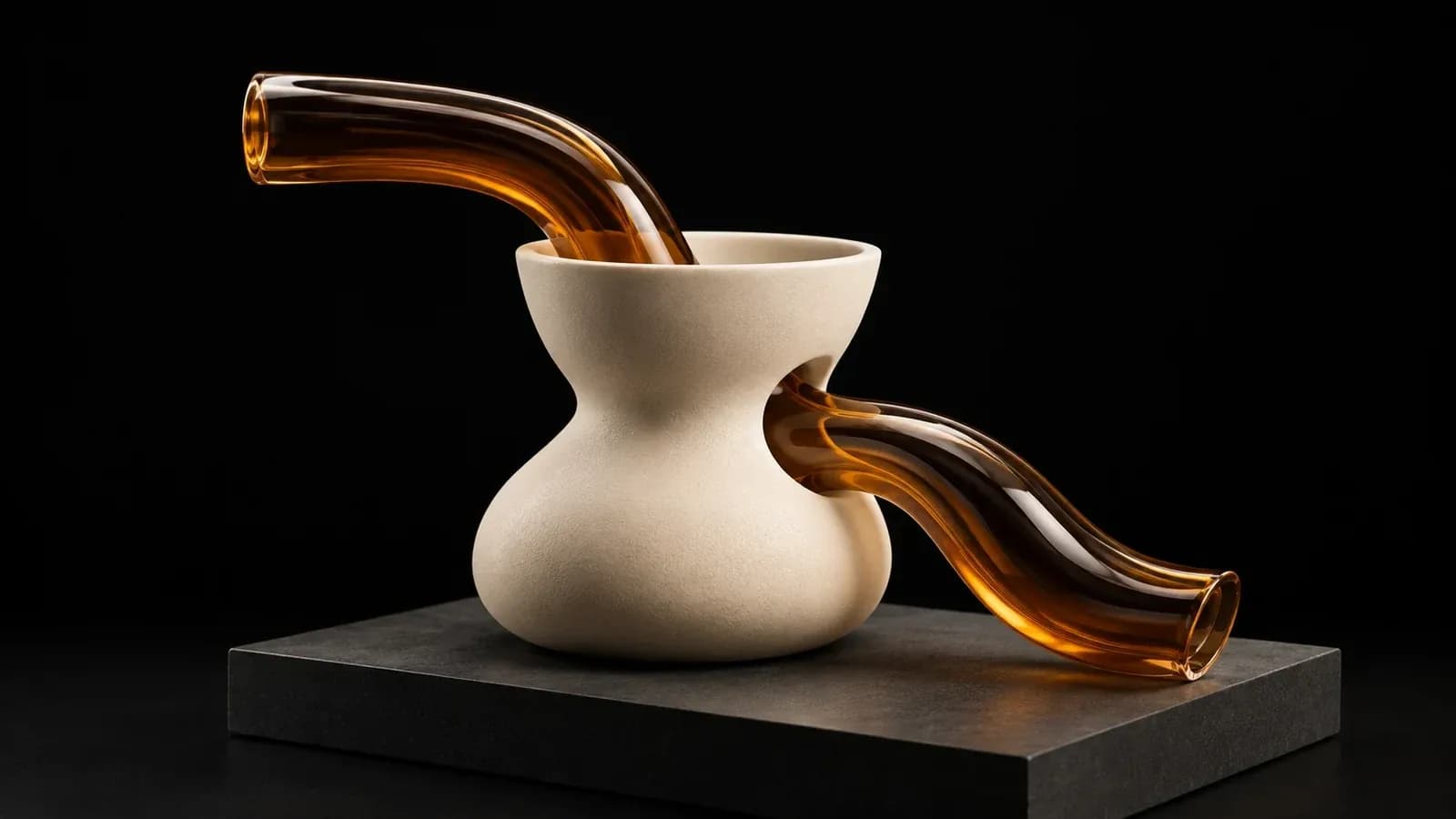 A ceramic vessel with two curved amber tubes.