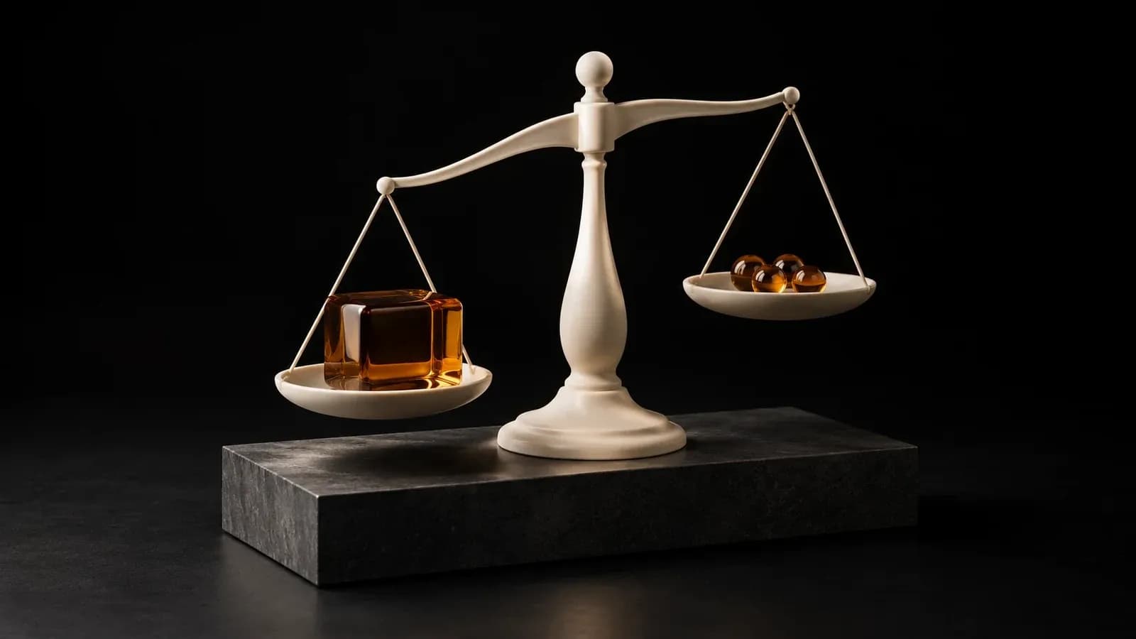 Ivory scales holding a glass block and small amber beads.