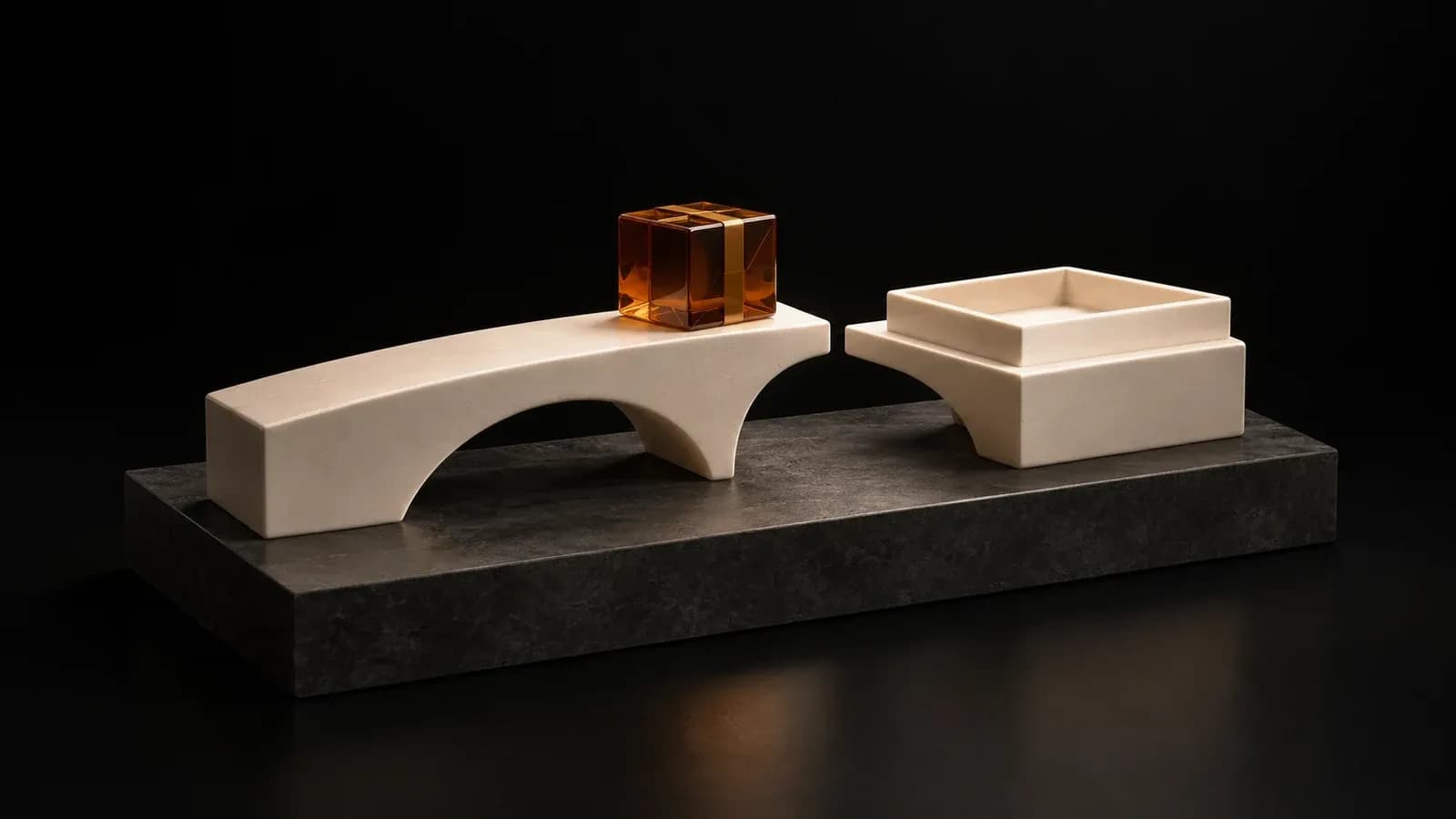 An amber parcel before a gap in an ivory bridge and an empty receiving tray.