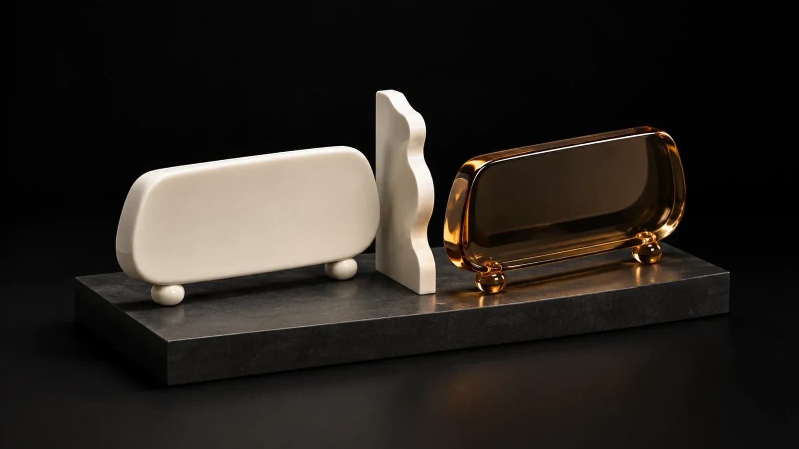 Blank ceramic and amber glass nameplates separated by an ivory divider.