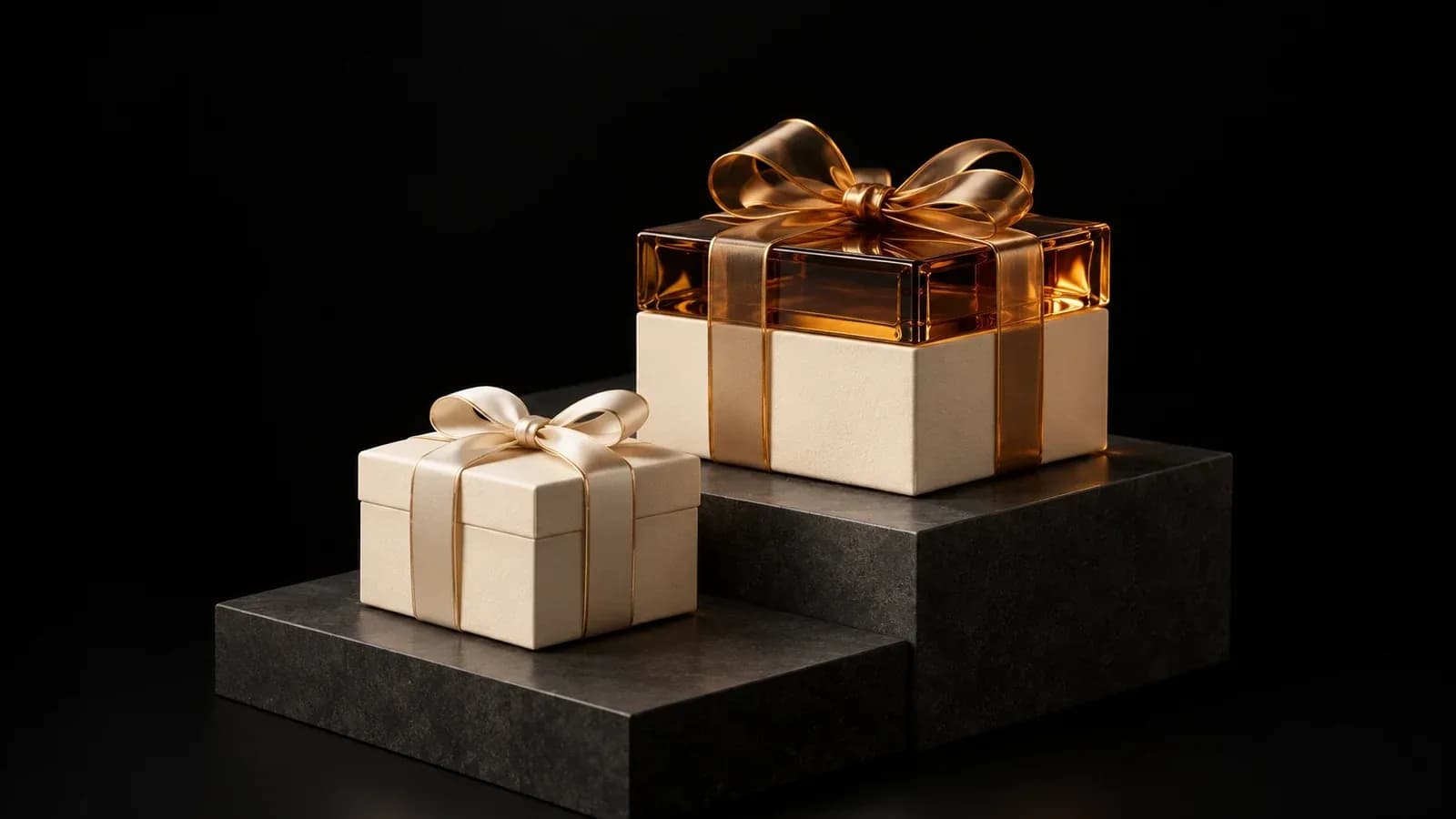 Two gift boxes on steps, the larger with an amber lid and bow.
