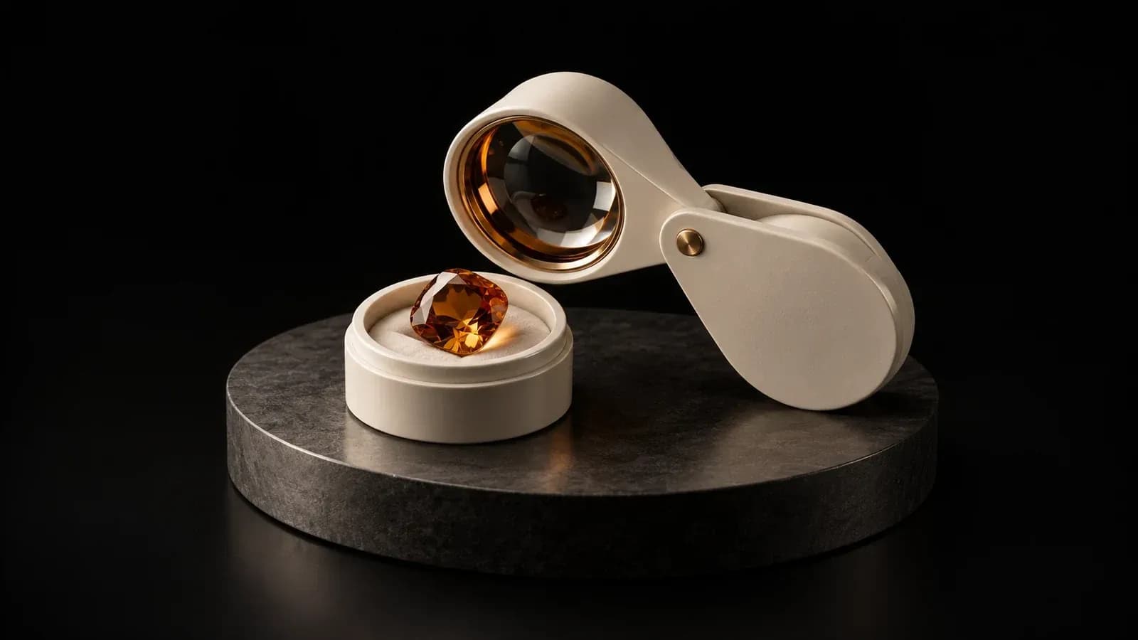 An ivory jeweller's loupe over an amber gem in a holder.