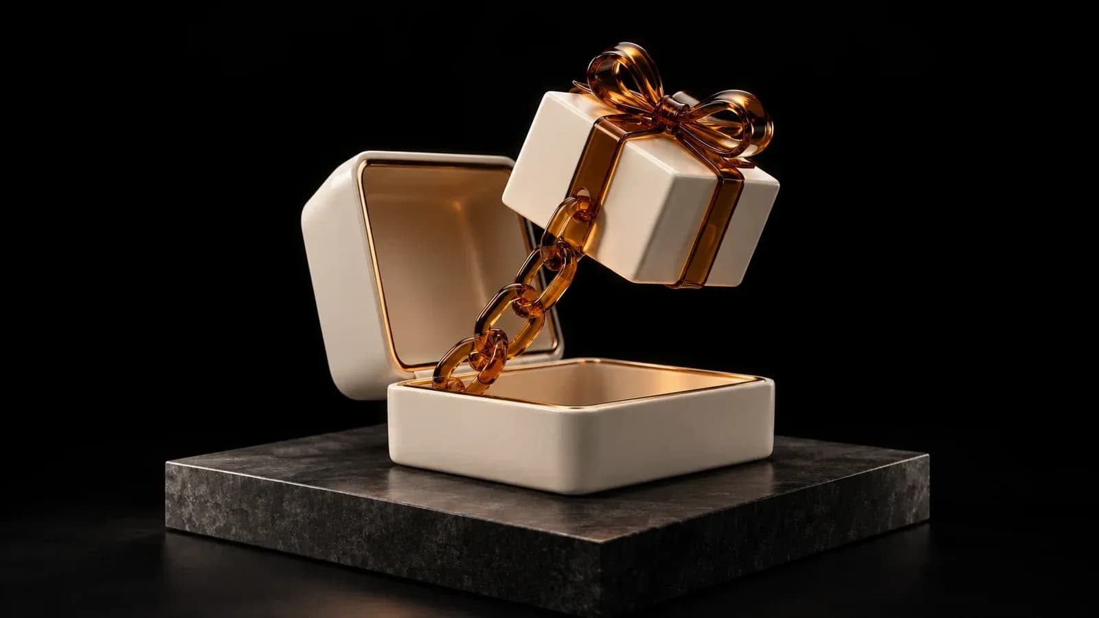 An ivory gift box with an amber chain above an open case.