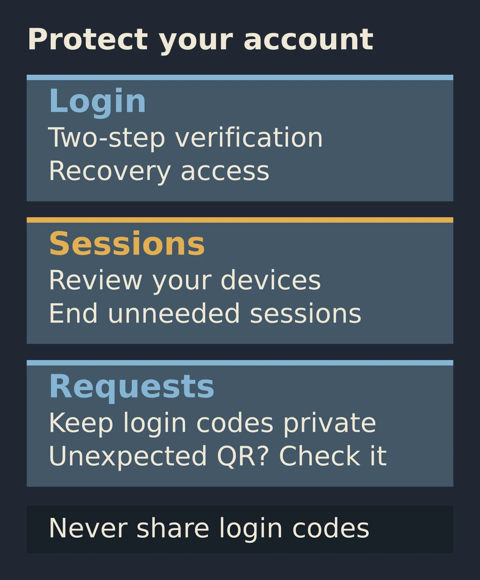Telegram protection has three checks: set up two-step verification and recovery access, review active devices, and keep codes private while checking unexpected QR requests.